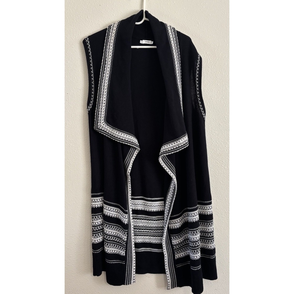 Vince Women's M Black White Embroidered Longline Cardigan Vest 100% Cotton